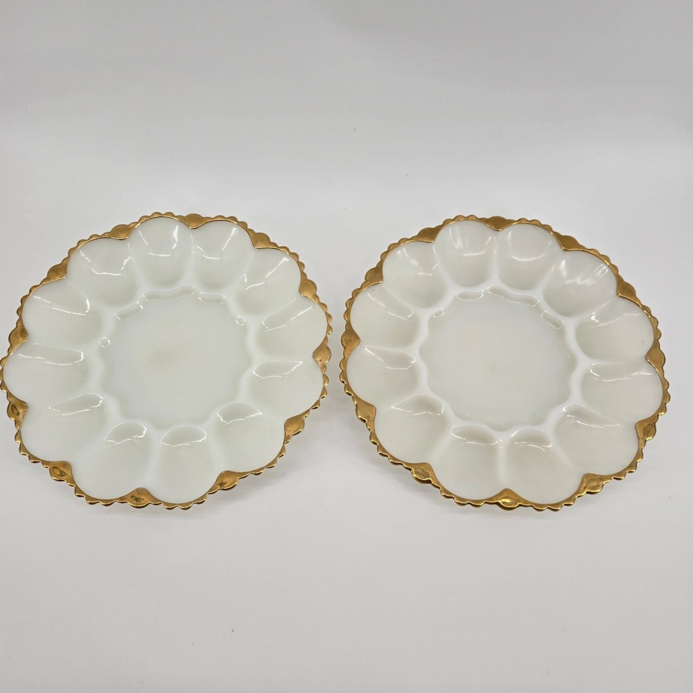 Vintage Anchor Hocking Milk Glass Deviled Egg Plates Gold Rimmed White 10in 2pc